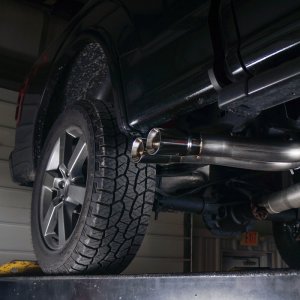 Ford F-150 Performance Exhaust - Exits in front of passenger rear tire - Stainless Works - Cat Back with X-Pipe Resonator Muffler and Dual 3.5